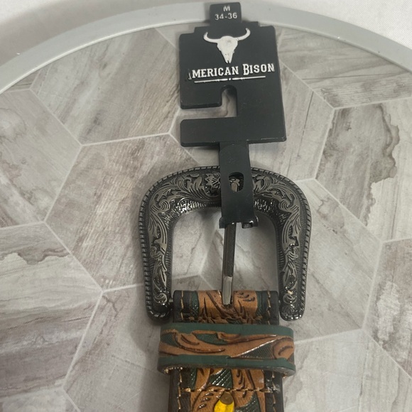 American Bison Western Leather Belt M 34-36 Tooled Floral Buckle - Picture 4 of 7